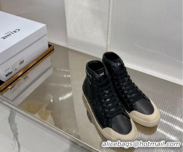 Most Popular Celine AS-02 Mid Lace-up Alan Sneakers with Triomphe Patch in Calf Leather Black 103132