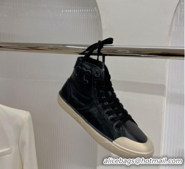 Most Popular Celine AS-02 Mid Lace-up Alan Sneakers with Triomphe Patch in Calf Leather Black 103132