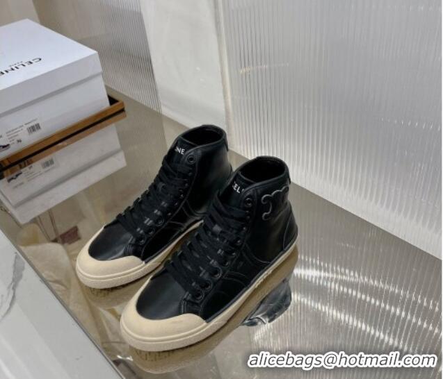 Most Popular Celine AS-02 Mid Lace-up Alan Sneakers with Triomphe Patch in Calf Leather Black 103132