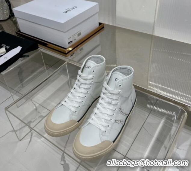 Affordable Price Celine AS-02 Mid Lace-up Alan Sneakers with Studs in Calf Leather White/Beige 0103135