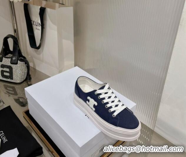 Good Quality Celine Jane Low Platform Sneakers 5cm in Canvas with Triomphe Patch Blue 0103138