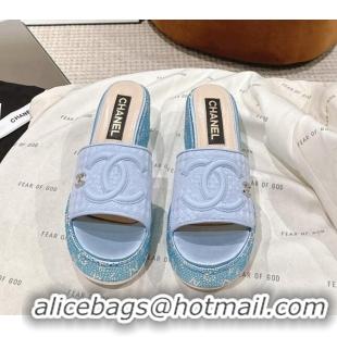 Perfect Chanel Tweed & Crystals Platform Slide Sandals Light Blue 108001