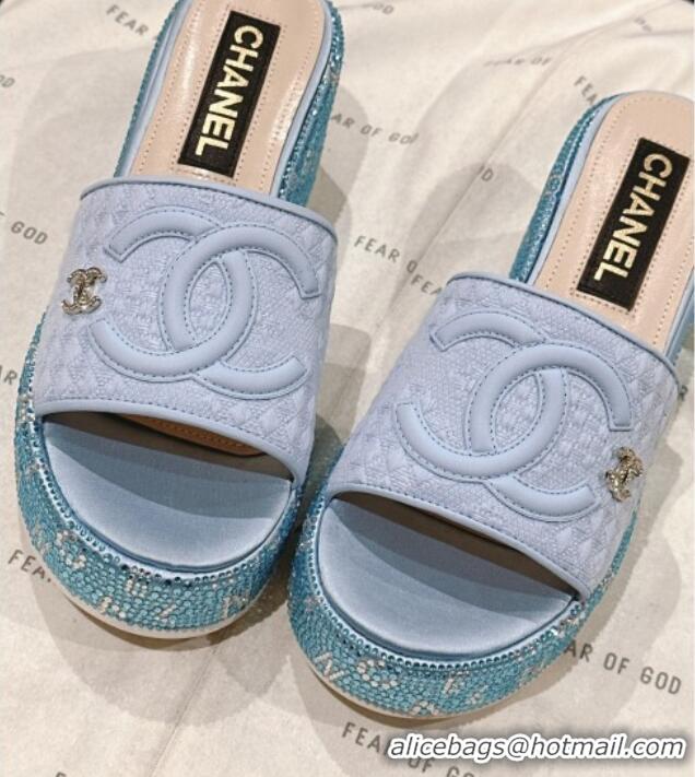 Perfect Chanel Tweed & Crystals Platform Slide Sandals Light Blue 108001