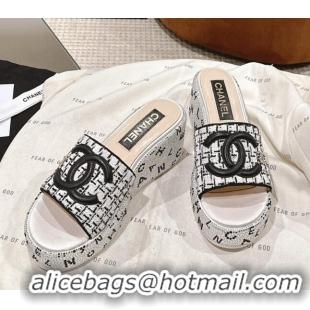 Pretty Style Chanel Tweed & Crystals Platform Slide Sandals White/Black 108002