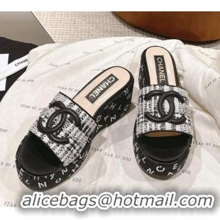 Good Product Chanel Tweed & Crystals Platform Slide Sandals Black1/White 108003