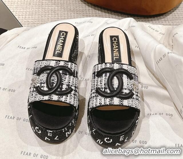 Good Product Chanel Tweed & Crystals Platform Slide Sandals Black1/White 108003