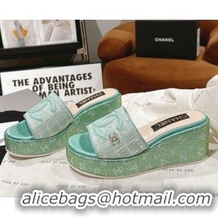 Classic Hot Chanel Tweed & Crystals Platform Slide Sandals Light Green 108004