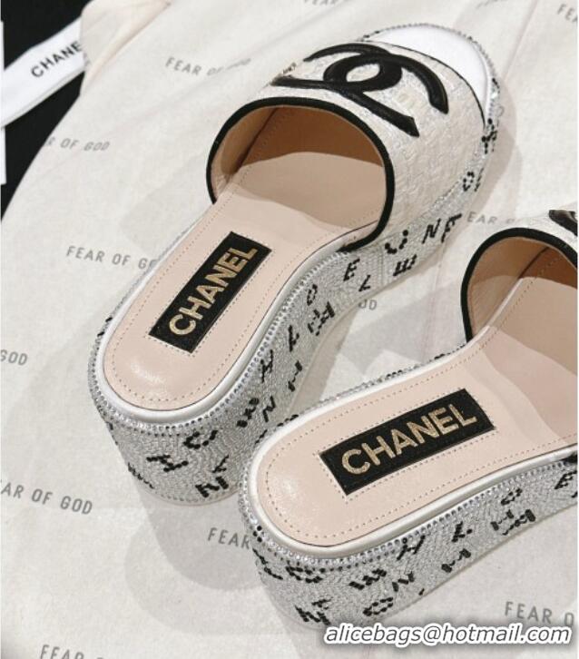 Top Grade Chanel Tweed & Crystals Platform Slide Sandals White 2/Black 108005