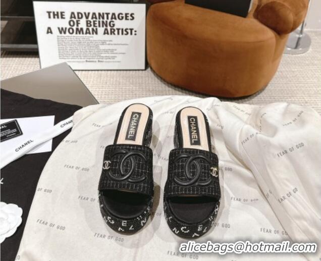 Charming Chanel Tweed & Crystals Platform Slide Sandals Black 108006