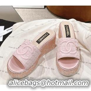 Luxury Chanel Tweed & Crystals Platform Slide Sandals Light Pink 108007