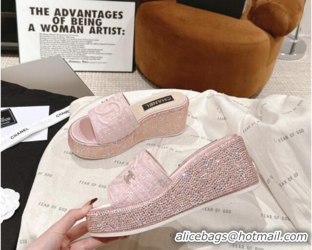 Luxury Chanel Tweed & Crystals Platform Slide Sandals Light Pink 108007