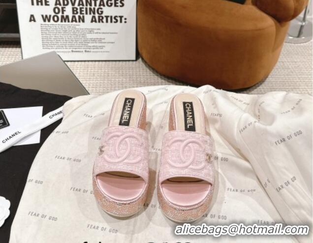 Luxury Chanel Tweed & Crystals Platform Slide Sandals Light Pink 108007