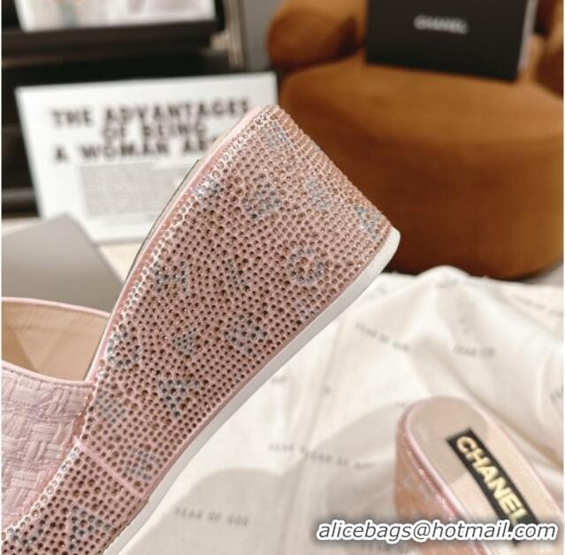 Luxury Chanel Tweed & Crystals Platform Slide Sandals Light Pink 108007