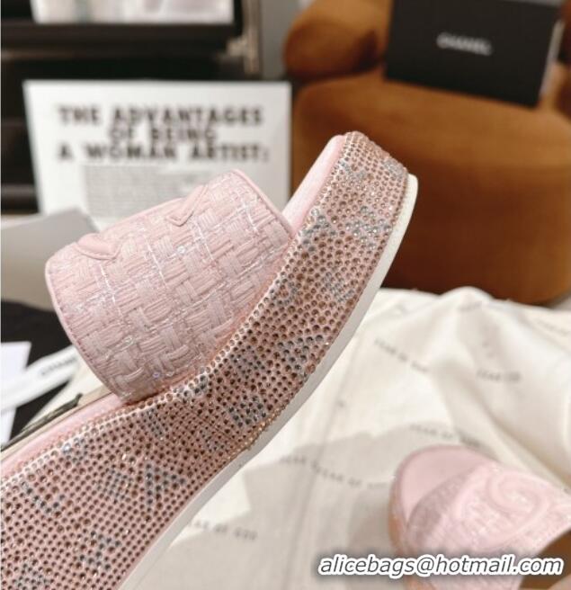 Luxury Chanel Tweed & Crystals Platform Slide Sandals Light Pink 108007