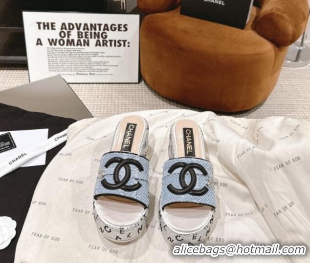 Fashion Chanel Tweed & Crystals Platform Slide Sandals Light Blue 108008