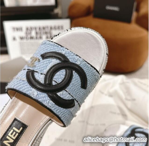 Fashion Chanel Tweed & Crystals Platform Slide Sandals Light Blue 108008