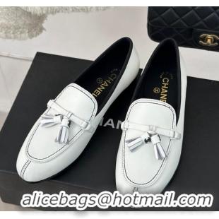 Low Cost Chanel Calfskin Loafers with Fringe White 108009