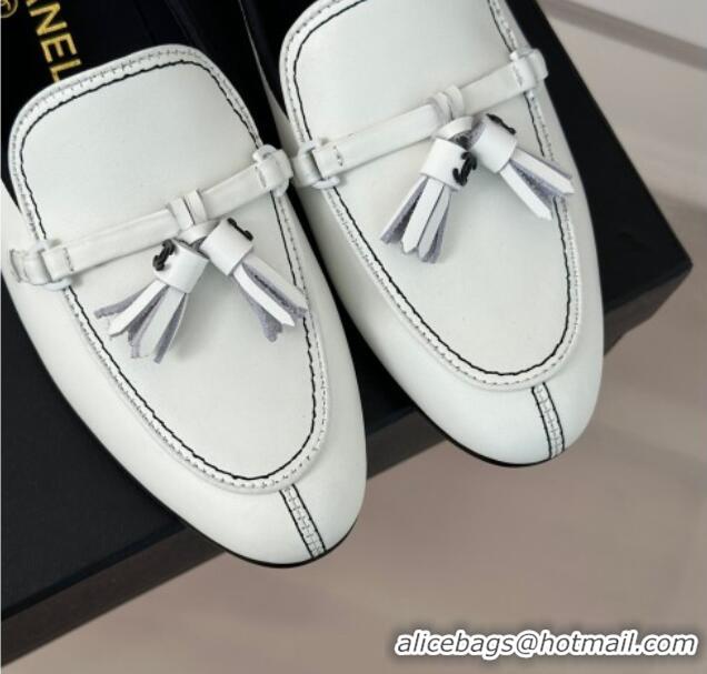 Low Cost Chanel Calfskin Loafers with Fringe White 108009