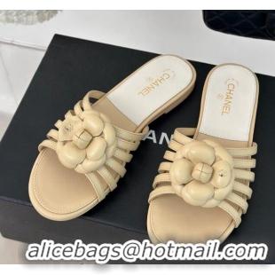 Popular Style Chanel Lambskin Camellia Bloom Flat Slide Sandals Beige 108011