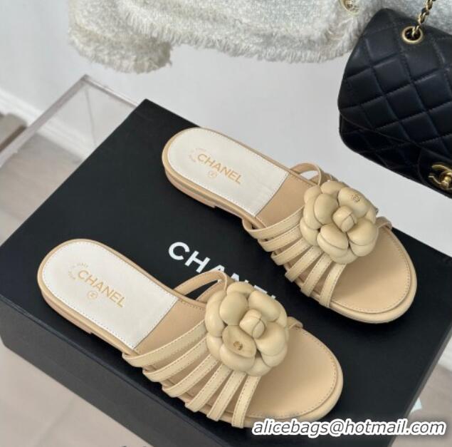 Popular Style Chanel Lambskin Camellia Bloom Flat Slide Sandals Beige 108011