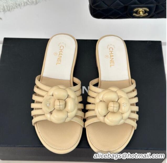 Popular Style Chanel Lambskin Camellia Bloom Flat Slide Sandals Beige 108011