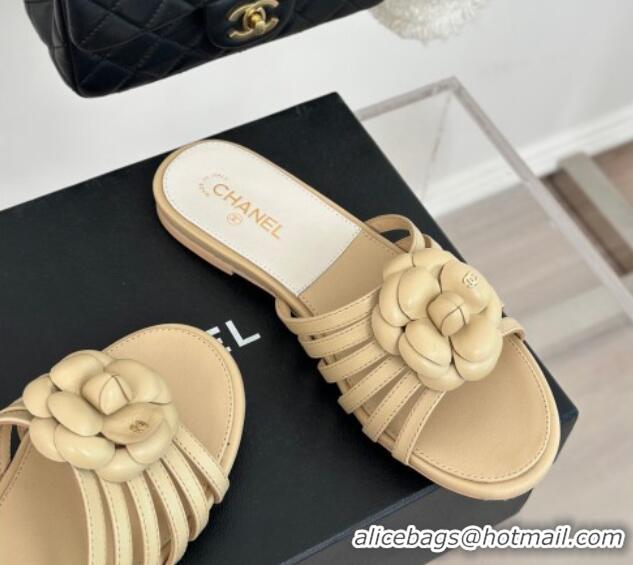 Popular Style Chanel Lambskin Camellia Bloom Flat Slide Sandals Beige 108011