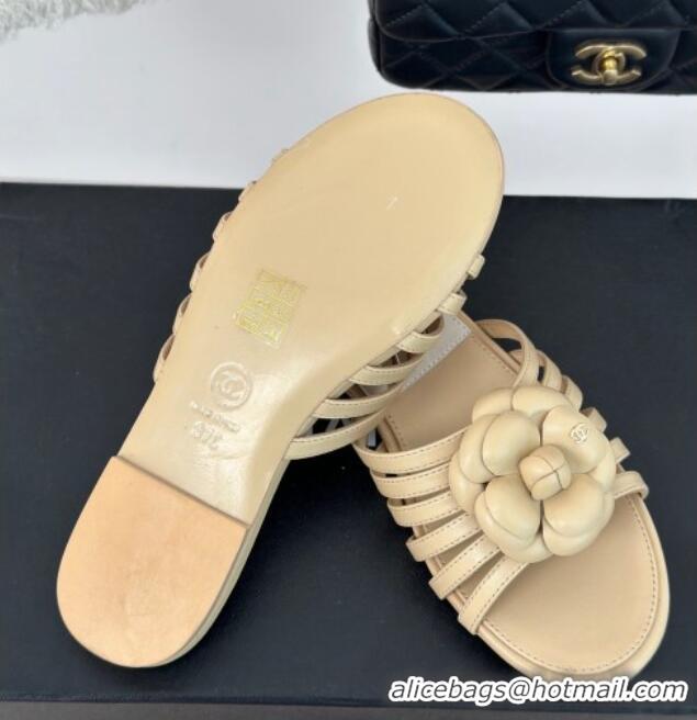 Popular Style Chanel Lambskin Camellia Bloom Flat Slide Sandals Beige 108011