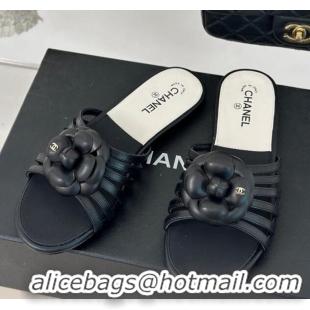 Best Product Chanel Lambskin Camellia Bloom Flat Slide Sandals Black 108012