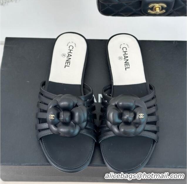 Best Product Chanel Lambskin Camellia Bloom Flat Slide Sandals Black 108012