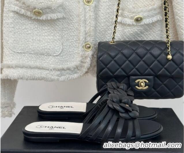 Best Product Chanel Lambskin Camellia Bloom Flat Slide Sandals Black 108012