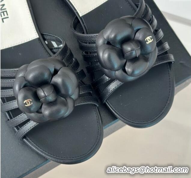 Best Product Chanel Lambskin Camellia Bloom Flat Slide Sandals Black 108012