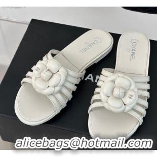 Good Quality Chanel Lambskin Camellia Bloom Flat Slide Sandals White 108013