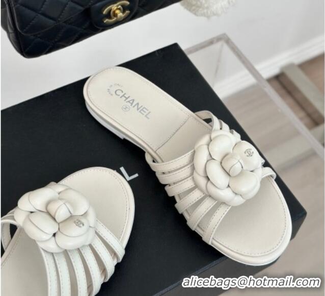 Good Quality Chanel Lambskin Camellia Bloom Flat Slide Sandals White 108013