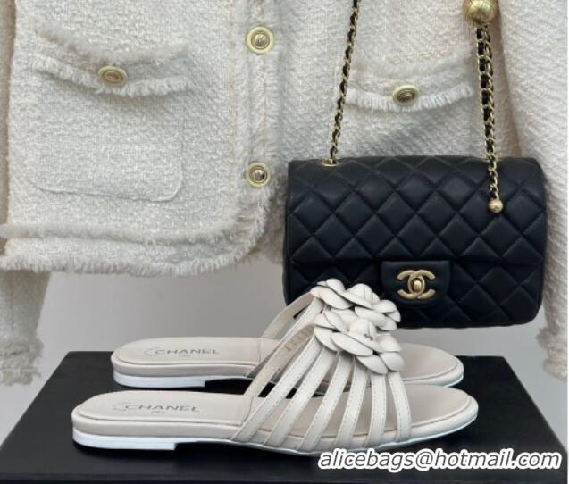 Good Quality Chanel Lambskin Camellia Bloom Flat Slide Sandals White 108013