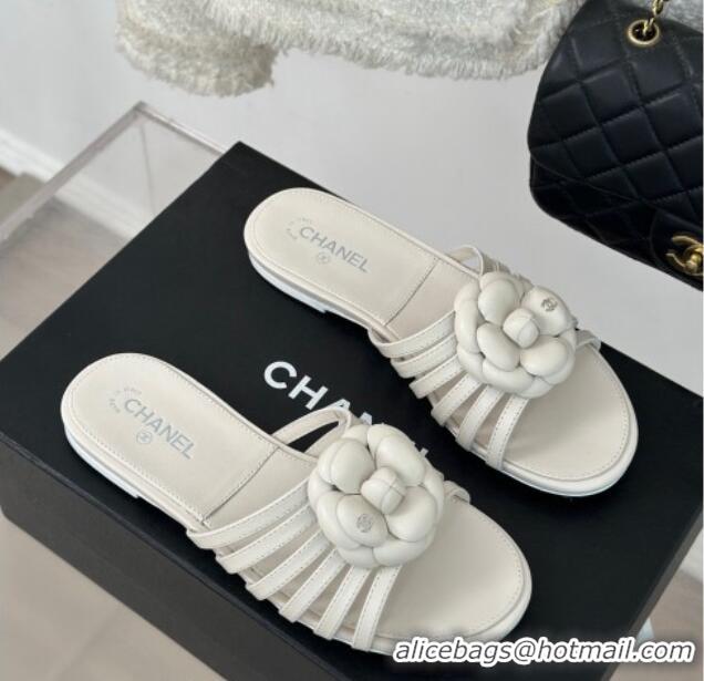 Good Quality Chanel Lambskin Camellia Bloom Flat Slide Sandals White 108013