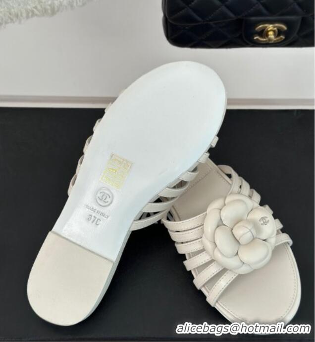 Good Quality Chanel Lambskin Camellia Bloom Flat Slide Sandals White 108013