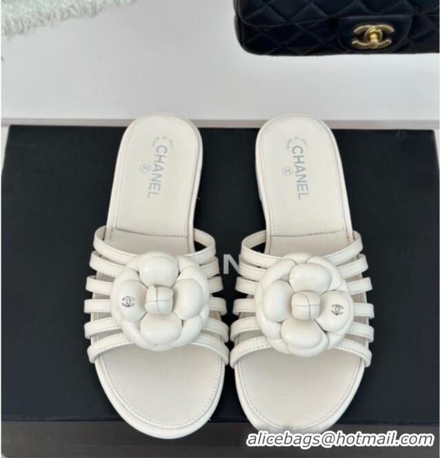 Good Quality Chanel Lambskin Camellia Bloom Flat Slide Sandals White 108013