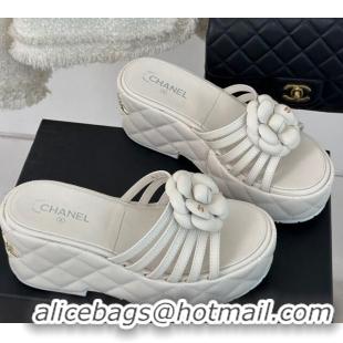 Top Design Chanel Lambskin Camellia Bloom Platform Slide Sandals White 108014