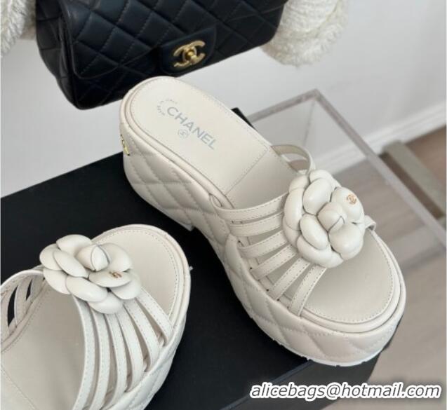 Top Design Chanel Lambskin Camellia Bloom Platform Slide Sandals White 108014