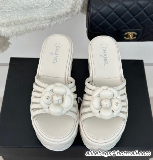 Top Design Chanel Lambskin Camellia Bloom Platform Slide Sandals White 108014