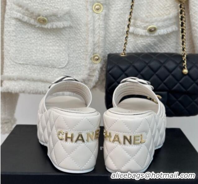 Top Design Chanel Lambskin Camellia Bloom Platform Slide Sandals White 108014