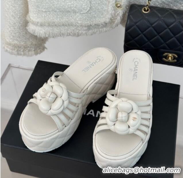 Top Design Chanel Lambskin Camellia Bloom Platform Slide Sandals White 108014