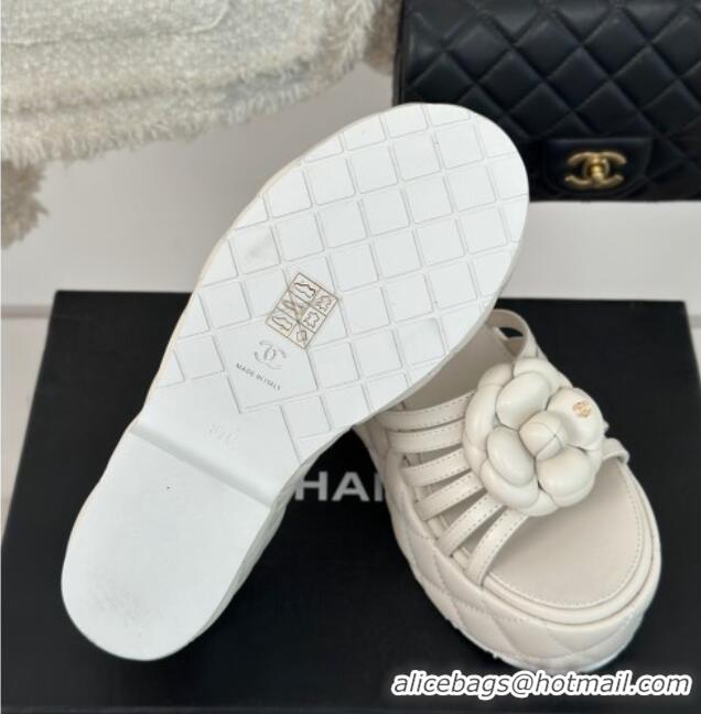 Top Design Chanel Lambskin Camellia Bloom Platform Slide Sandals White 108014