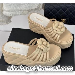 Grade Quality Chanel Lambskin Camellia Bloom Platform Slide Sandals Beige 108015