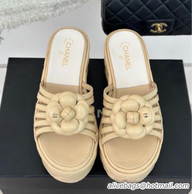 Grade Quality Chanel Lambskin Camellia Bloom Platform Slide Sandals Beige 108015