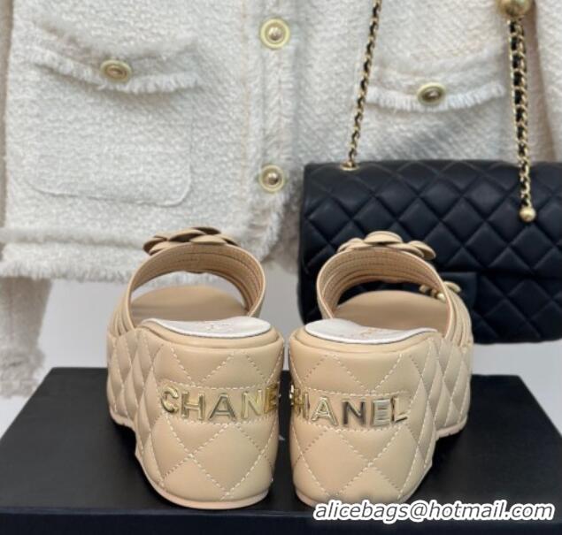 Grade Quality Chanel Lambskin Camellia Bloom Platform Slide Sandals Beige 108015