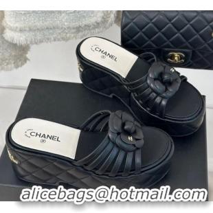 Most Popular Chanel Lambskin Camellia Bloom Platform Slide Sandals Black 108016