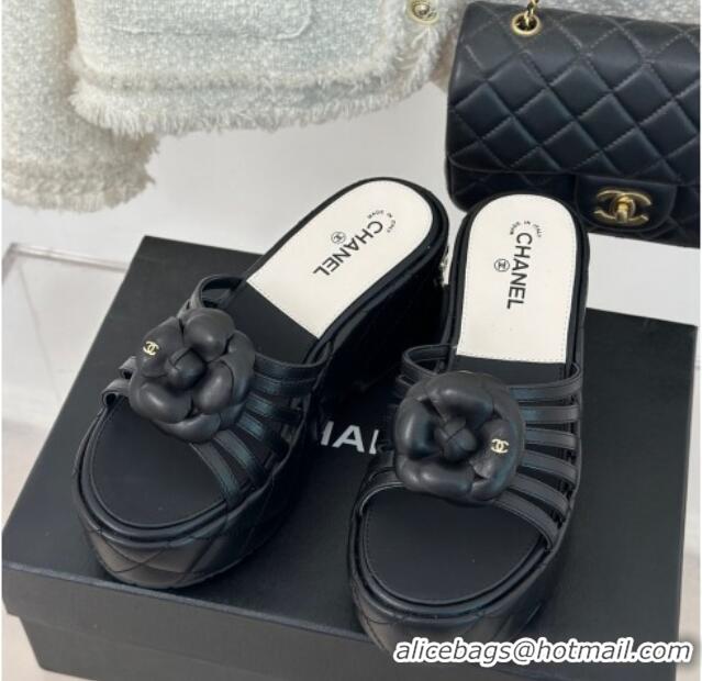 Most Popular Chanel Lambskin Camellia Bloom Platform Slide Sandals Black 108016