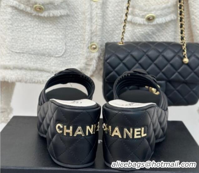 Most Popular Chanel Lambskin Camellia Bloom Platform Slide Sandals Black 108016