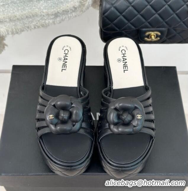 Most Popular Chanel Lambskin Camellia Bloom Platform Slide Sandals Black 108016